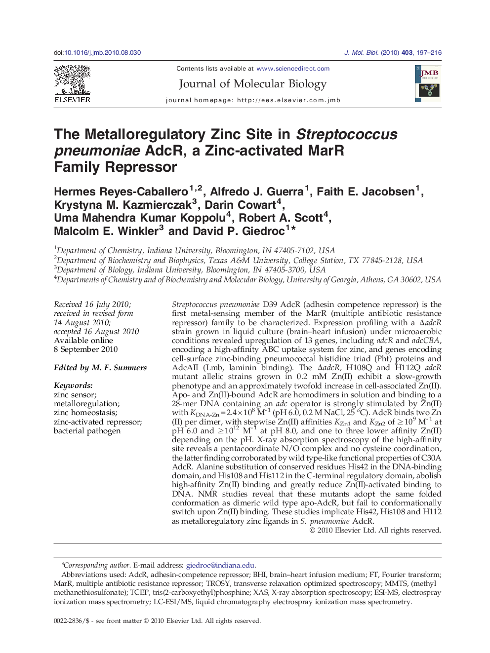 The Metalloregulatory Zinc Site in Streptococcus pneumoniae AdcR, a Zinc-activated MarR Family Repressor