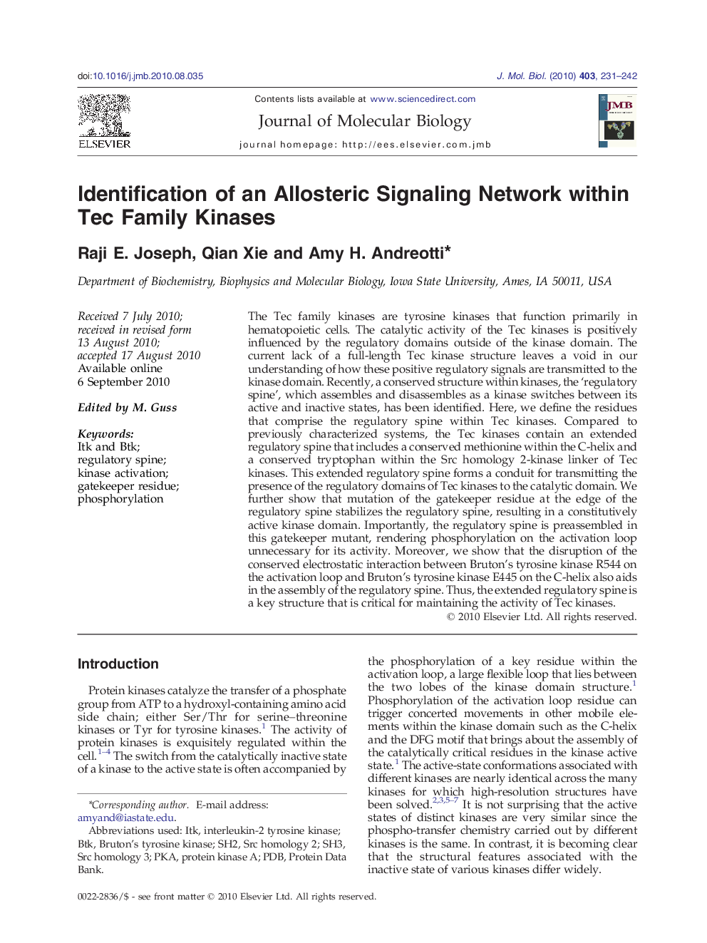 Identification of an Allosteric Signaling Network within Tec Family Kinases