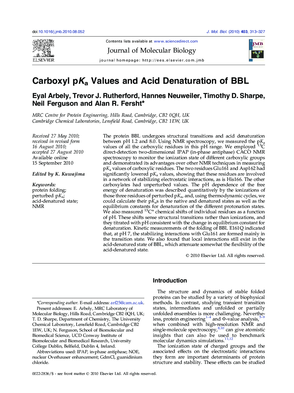 Carboxyl pKa Values and Acid Denaturation of BBL