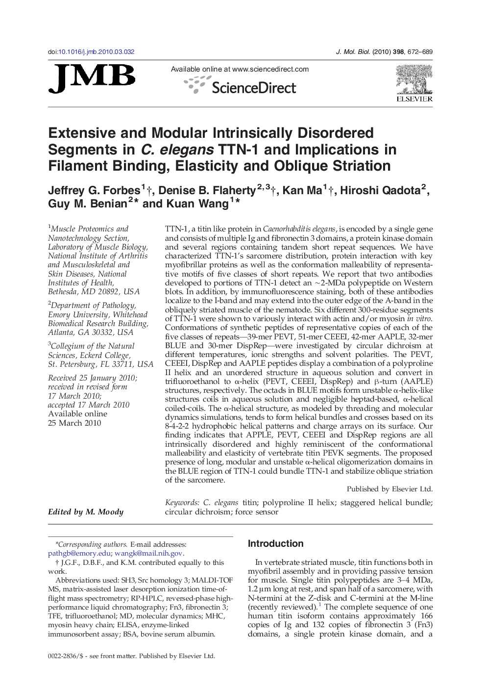 Extensive and Modular Intrinsically Disordered Segments in C. elegans TTN-1 and Implications in Filament Binding, Elasticity and Oblique Striation