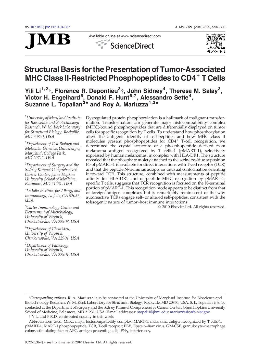 Structural Basis for the Presentation of Tumor-Associated MHC Class II-Restricted Phosphopeptides to CD4+ T Cells