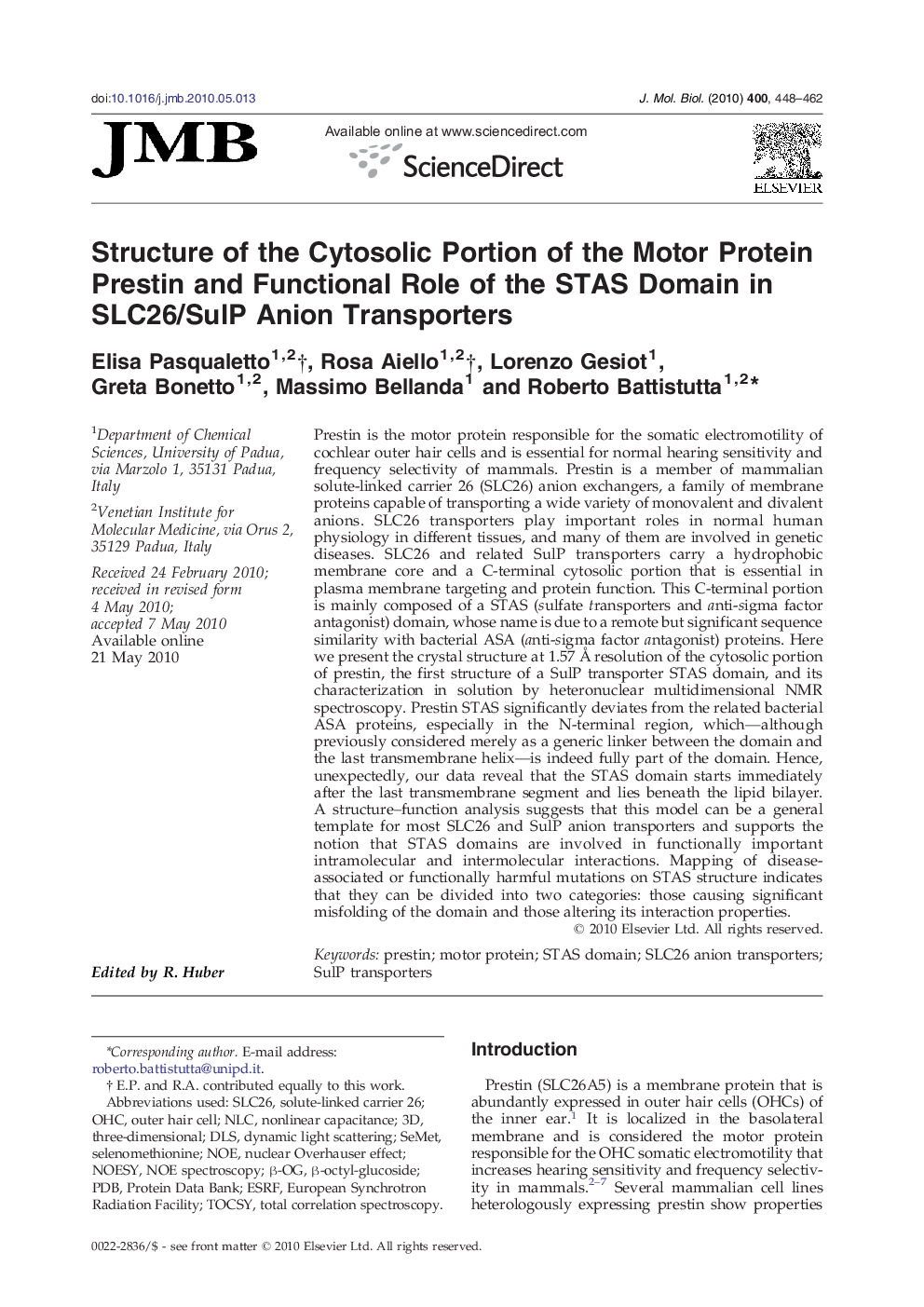 Structure of the Cytosolic Portion of the Motor Protein Prestin and Functional Role of the STAS Domain in SLC26/SulP Anion Transporters