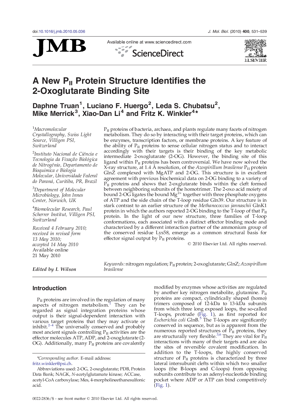 A New PII Protein Structure Identifies the 2-Oxoglutarate Binding Site