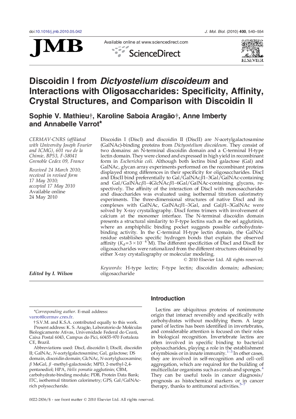 Discoidin I from Dictyostelium discoideum and Interactions with Oligosaccharides: Specificity, Affinity, Crystal Structures, and Comparison with Discoidin II