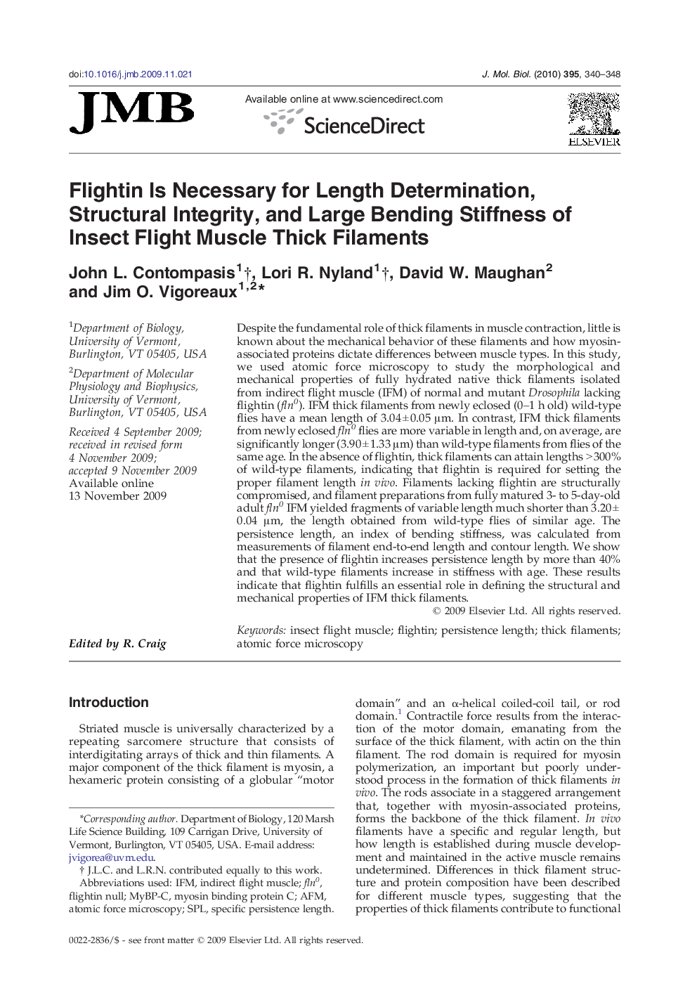 Flightin Is Necessary for Length Determination, Structural Integrity, and Large Bending Stiffness of Insect Flight Muscle Thick Filaments