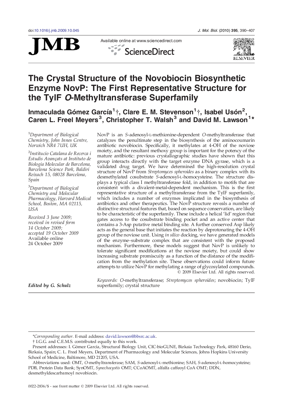 The Crystal Structure of the Novobiocin Biosynthetic Enzyme NovP: The First Representative Structure for the TylF O-Methyltransferase Superfamily