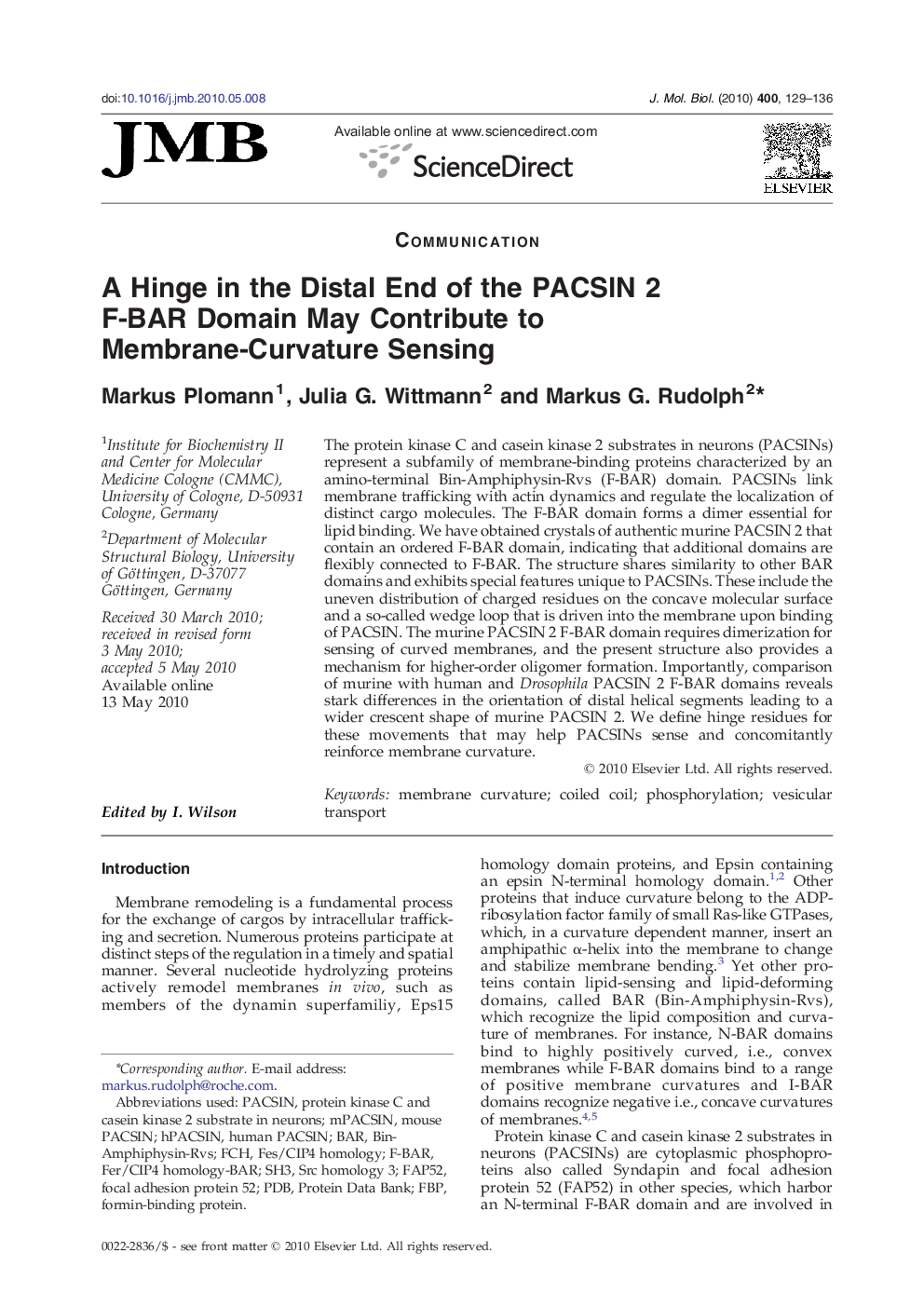 A Hinge in the Distal End of the PACSIN 2 F-BAR Domain May Contribute to Membrane-Curvature Sensing