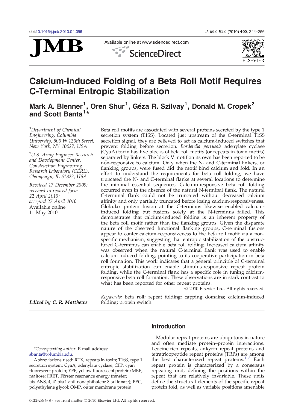 Calcium-Induced Folding of a Beta Roll Motif Requires C-Terminal Entropic Stabilization