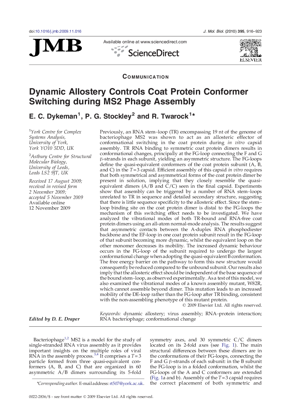 Dynamic Allostery Controls Coat Protein Conformer Switching during MS2 Phage Assembly