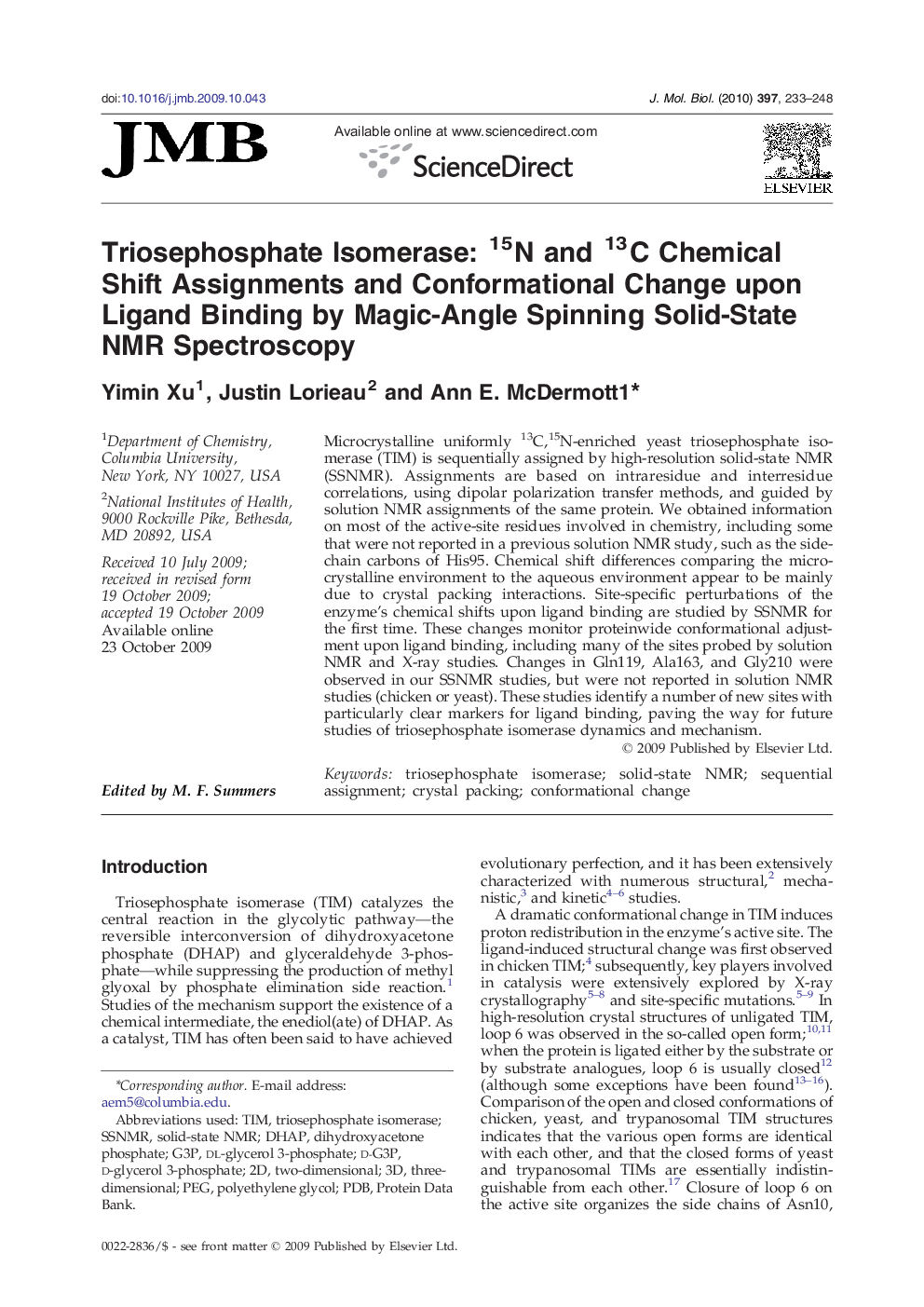 Triosephosphate Isomerase: 15N and 13C Chemical Shift Assignments and Conformational Change upon Ligand Binding by Magic-Angle Spinning Solid-State NMR Spectroscopy