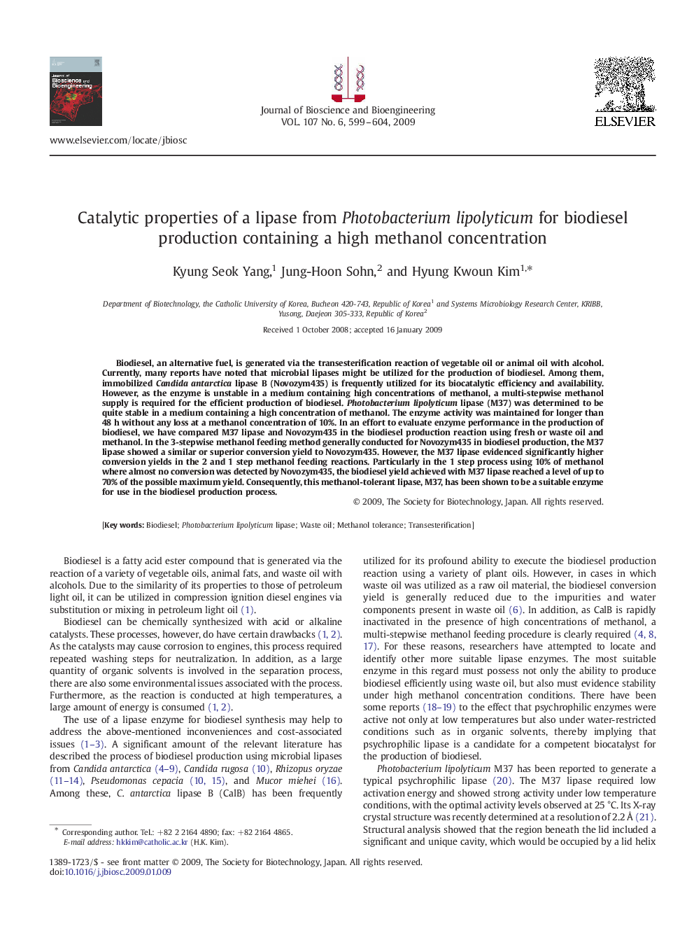 Catalytic properties of a lipase from Photobacterium lipolyticum for biodiesel production containing a high methanol concentration