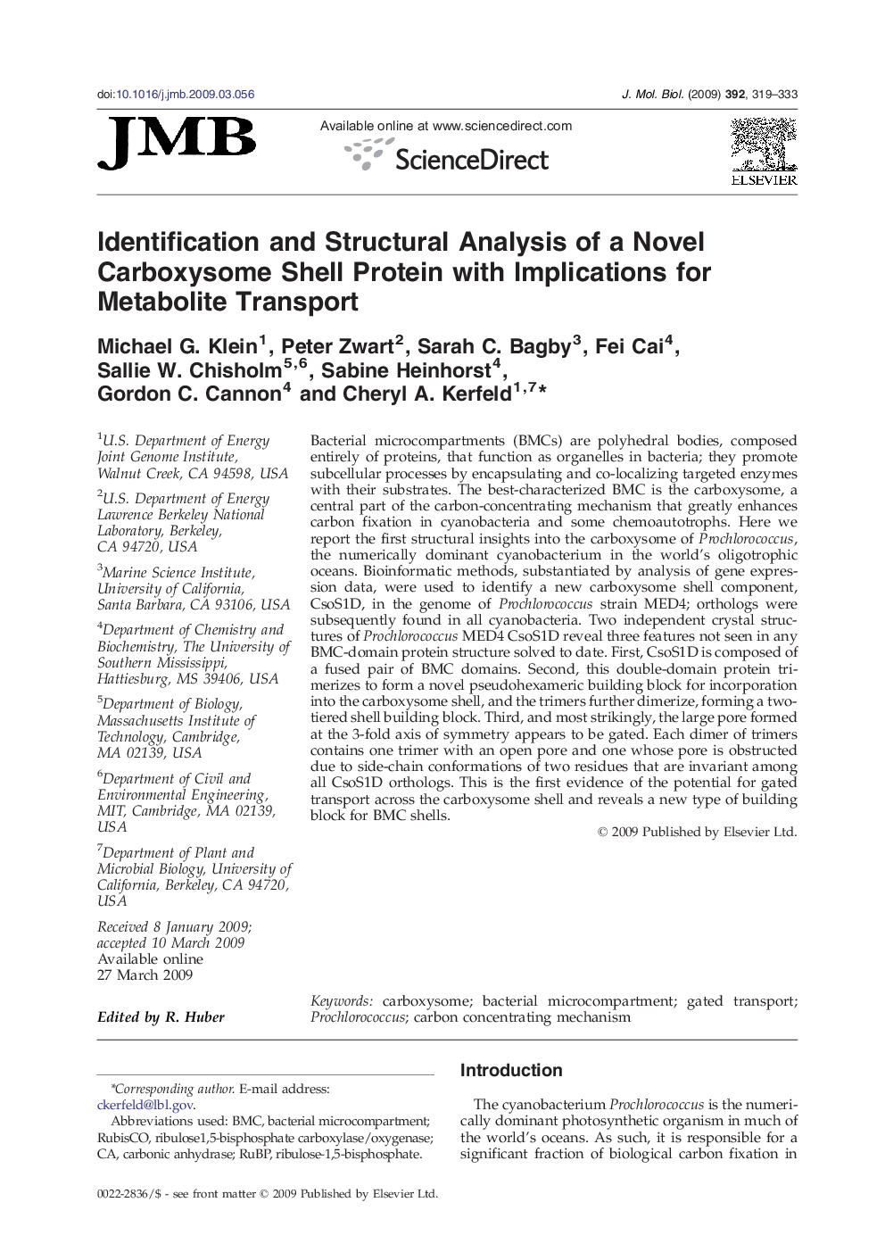 Identification and Structural Analysis of a Novel Carboxysome Shell Protein with Implications for Metabolite Transport