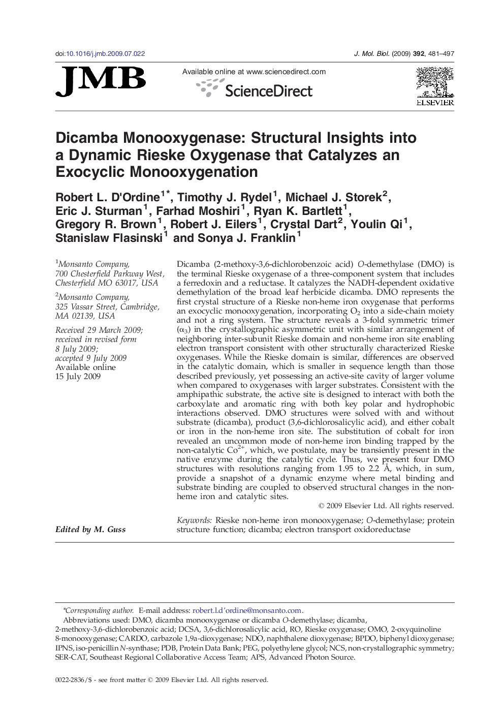 Dicamba Monooxygenase: Structural Insights into a Dynamic Rieske Oxygenase that Catalyzes an Exocyclic Monooxygenation 