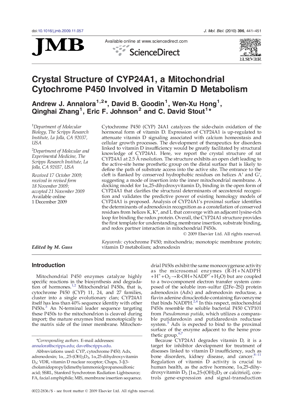 Crystal Structure of CYP24A1, a Mitochondrial Cytochrome P450 Involved in Vitamin D Metabolism