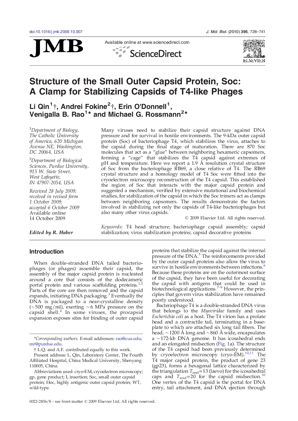 Structure of the Small Outer Capsid Protein, Soc: A Clamp for Stabilizing Capsids of T4-like Phages