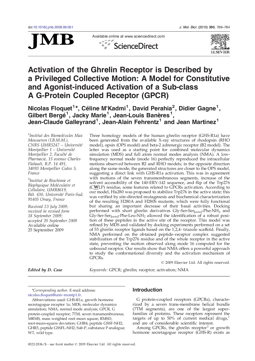 Activation of the Ghrelin Receptor is Described by a Privileged Collective Motion: A Model for Constitutive and Agonist-induced Activation of a Sub-class A G-Protein Coupled Receptor (GPCR)