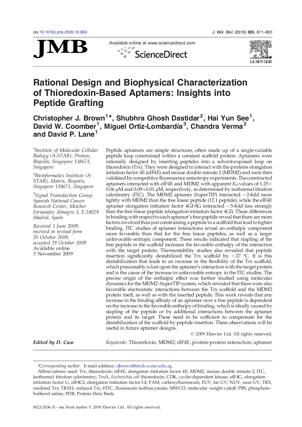 Rational Design and Biophysical Characterization of Thioredoxin-Based Aptamers: Insights into Peptide Grafting