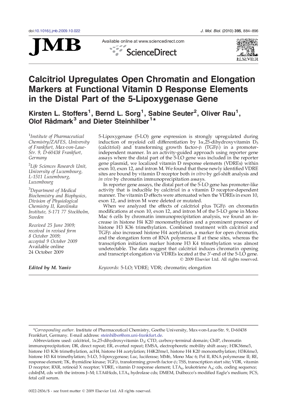 Calcitriol Upregulates Open Chromatin and Elongation Markers at Functional Vitamin D Response Elements in the Distal Part of the 5-Lipoxygenase Gene