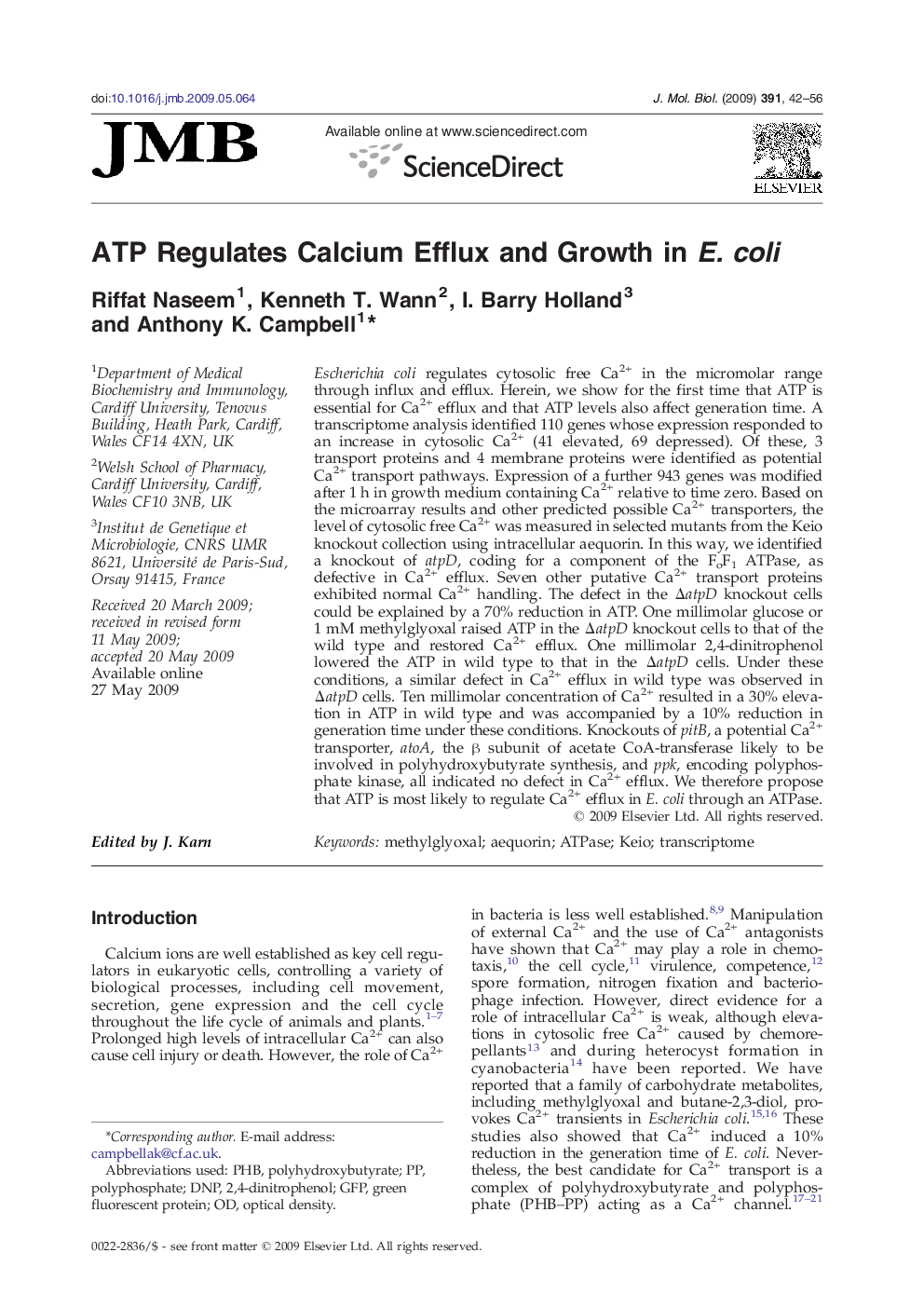 ATP Regulates Calcium Efflux and Growth in E. coli