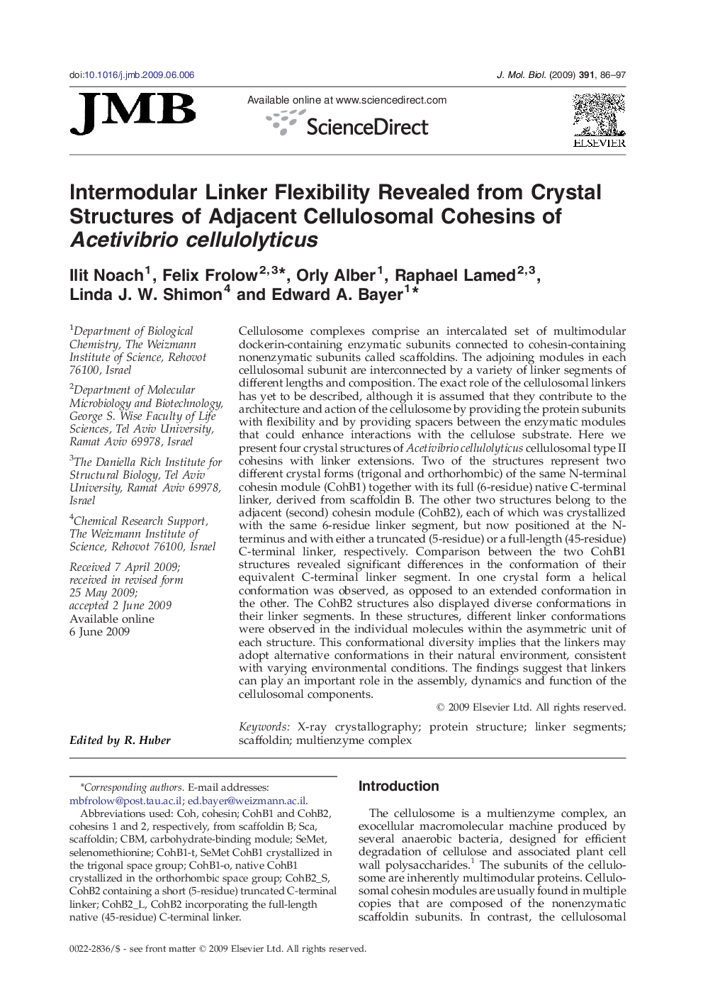 Intermodular Linker Flexibility Revealed from Crystal Structures of Adjacent Cellulosomal Cohesins of Acetivibrio cellulolyticus