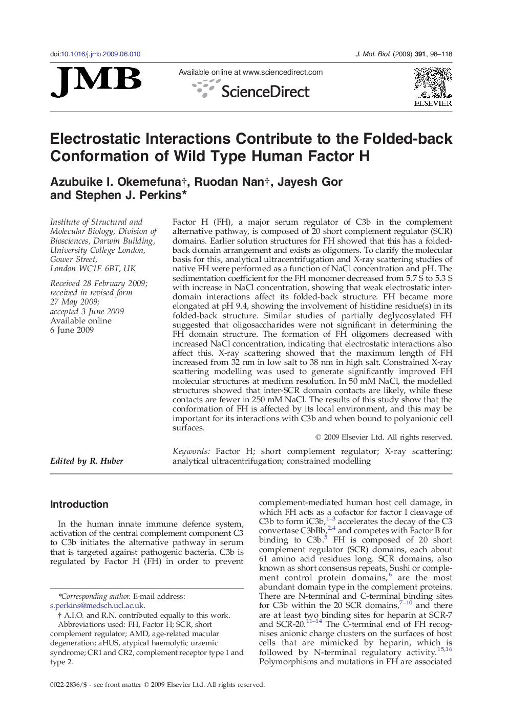 Electrostatic Interactions Contribute to the Folded-back Conformation of Wild Type Human Factor H