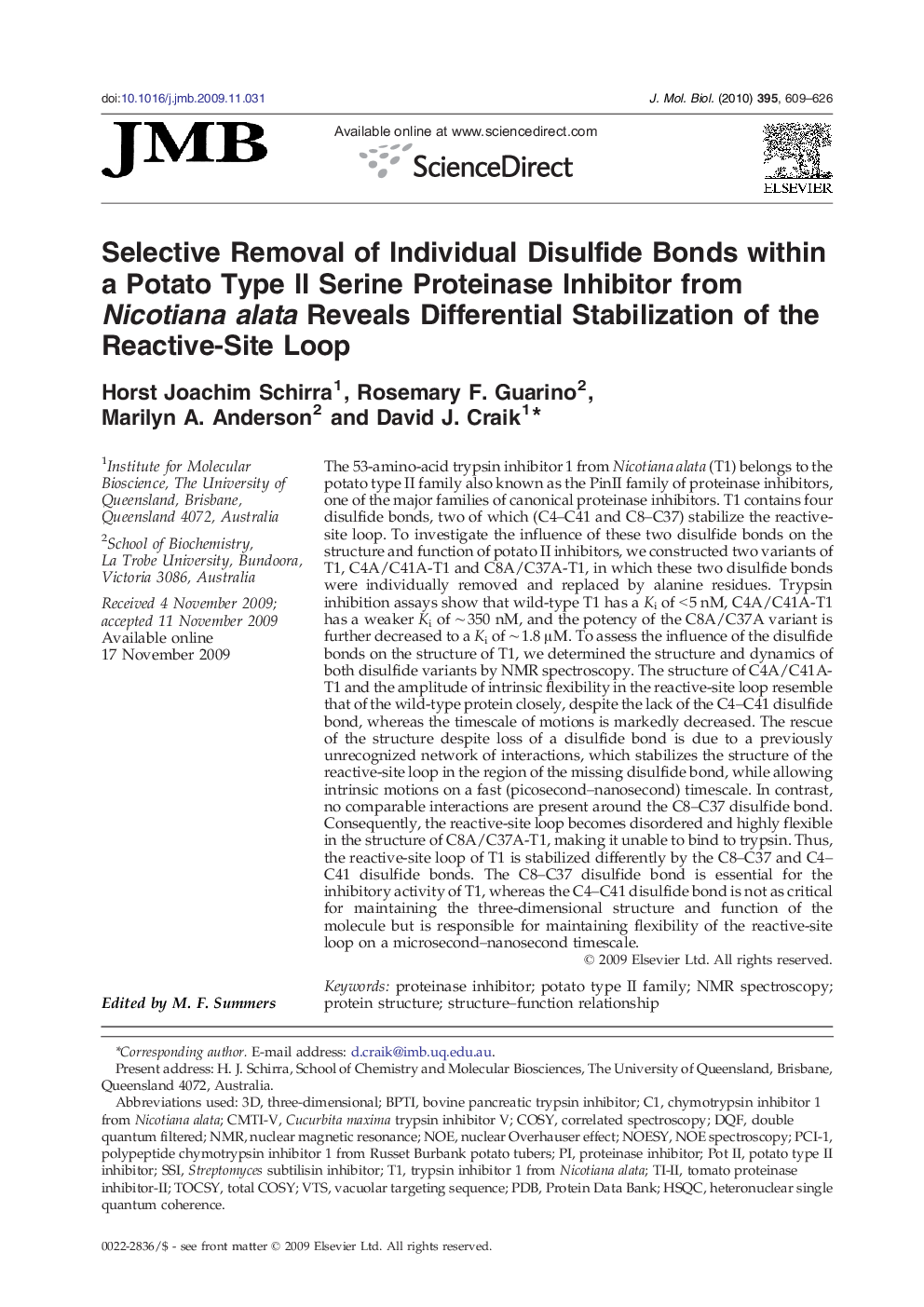 Selective Removal of Individual Disulfide Bonds within a Potato Type II Serine Proteinase Inhibitor from Nicotiana alata Reveals Differential Stabilization of the Reactive-Site Loop