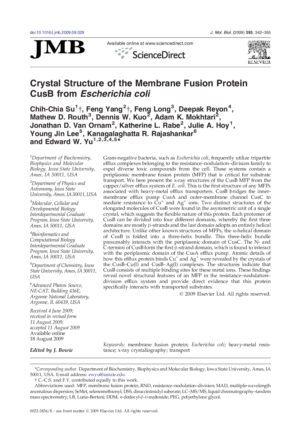 Crystal Structure of the Membrane Fusion Protein CusB from Escherichia coli