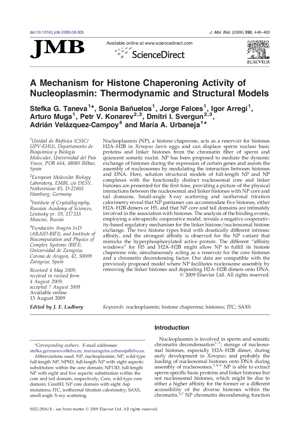 A Mechanism for Histone Chaperoning Activity of Nucleoplasmin: Thermodynamic and Structural Models