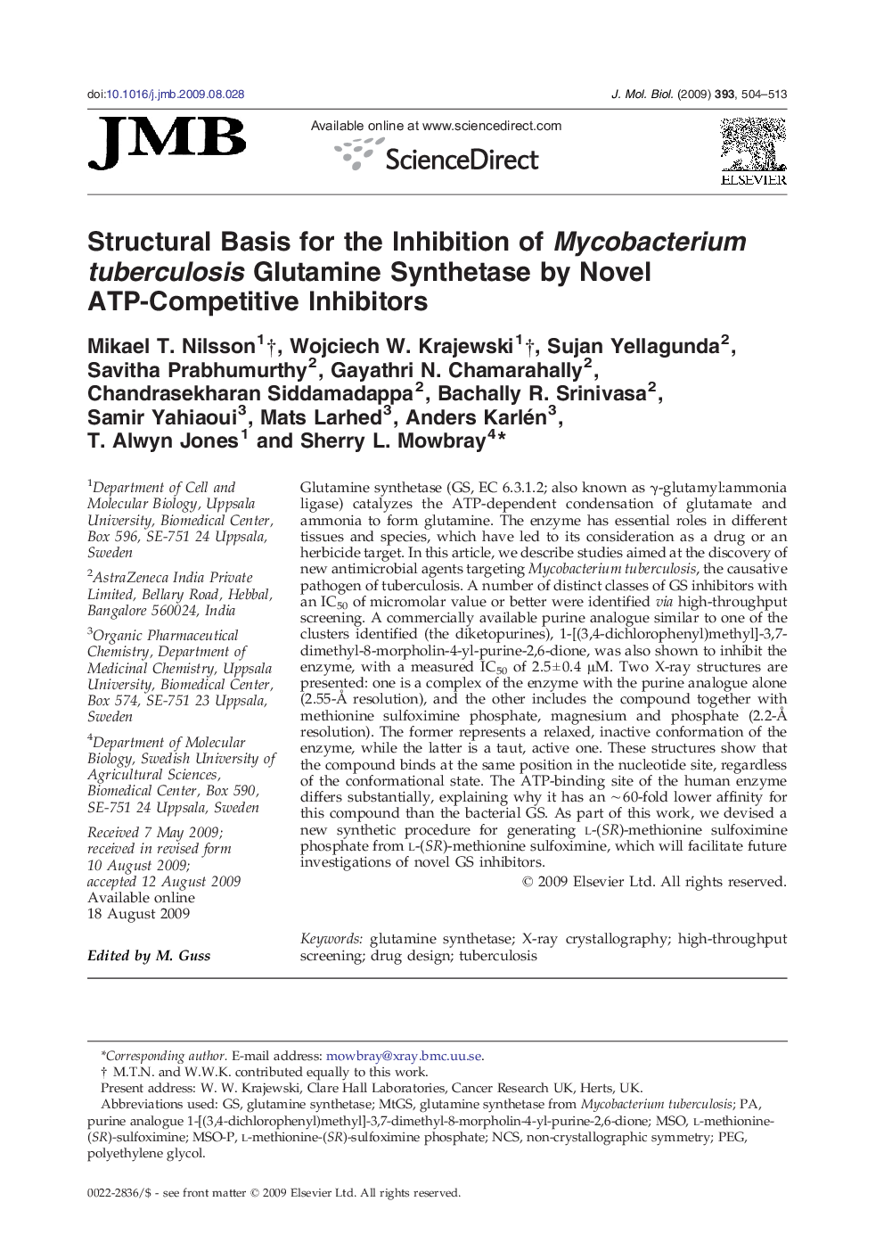 Structural Basis for the Inhibition of Mycobacterium tuberculosis Glutamine Synthetase by Novel ATP-Competitive Inhibitors