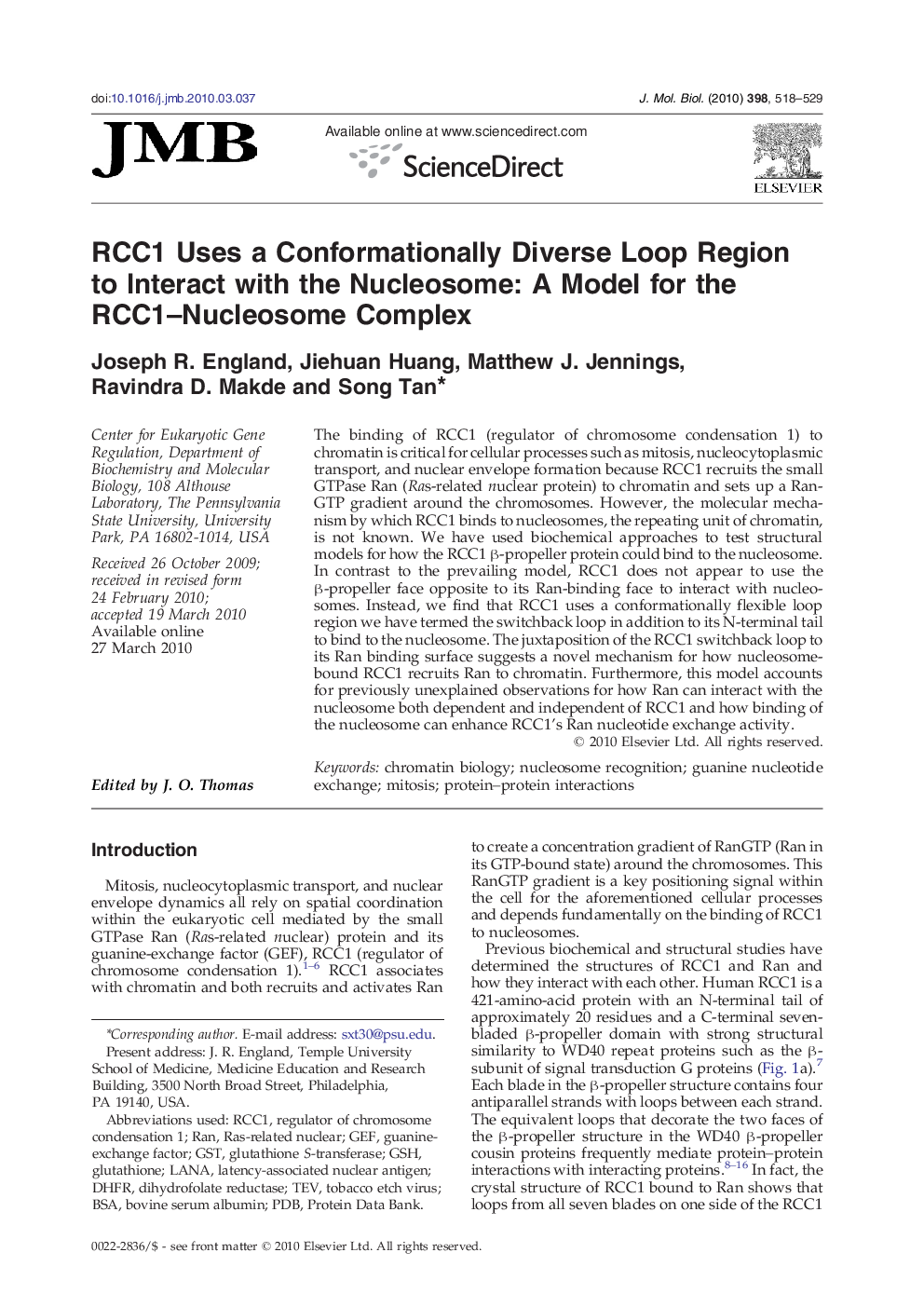 RCC1 Uses a Conformationally Diverse Loop Region to Interact with the Nucleosome: A Model for the RCC1–Nucleosome Complex