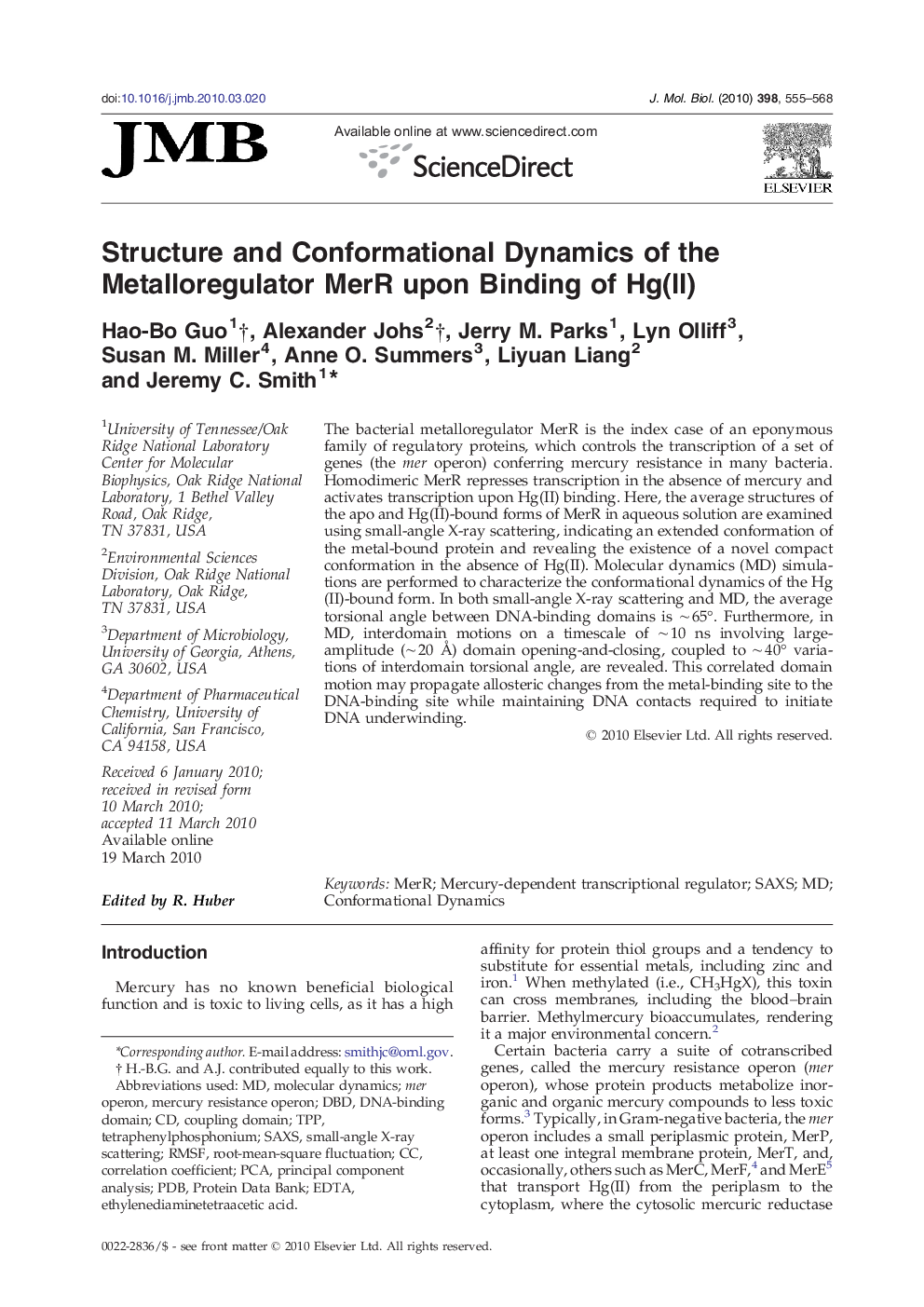 عکس صفحه اول مقاله: Structure and Conformational Dynamics of the Metalloregulator MerR upon Binding of Hg(II) Structure and Conformational Dynamics of the Metalloregulator MerR upon Binding of Hg(II)