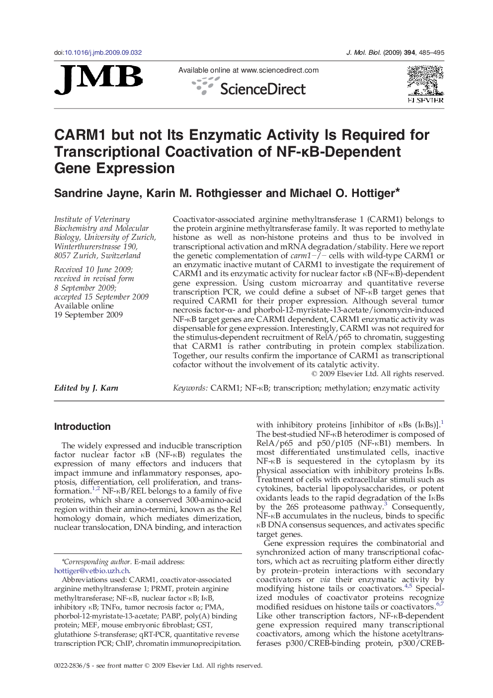 CARM1 but not Its Enzymatic Activity Is Required for Transcriptional Coactivation of NF-κB-Dependent Gene Expression