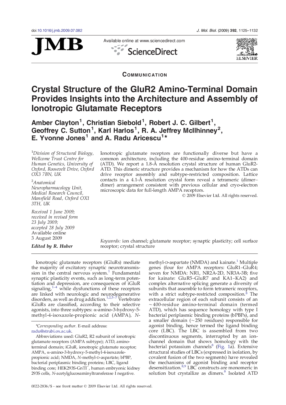 Crystal Structure of the GluR2 Amino-Terminal Domain Provides Insights into the Architecture and Assembly of Ionotropic Glutamate Receptors