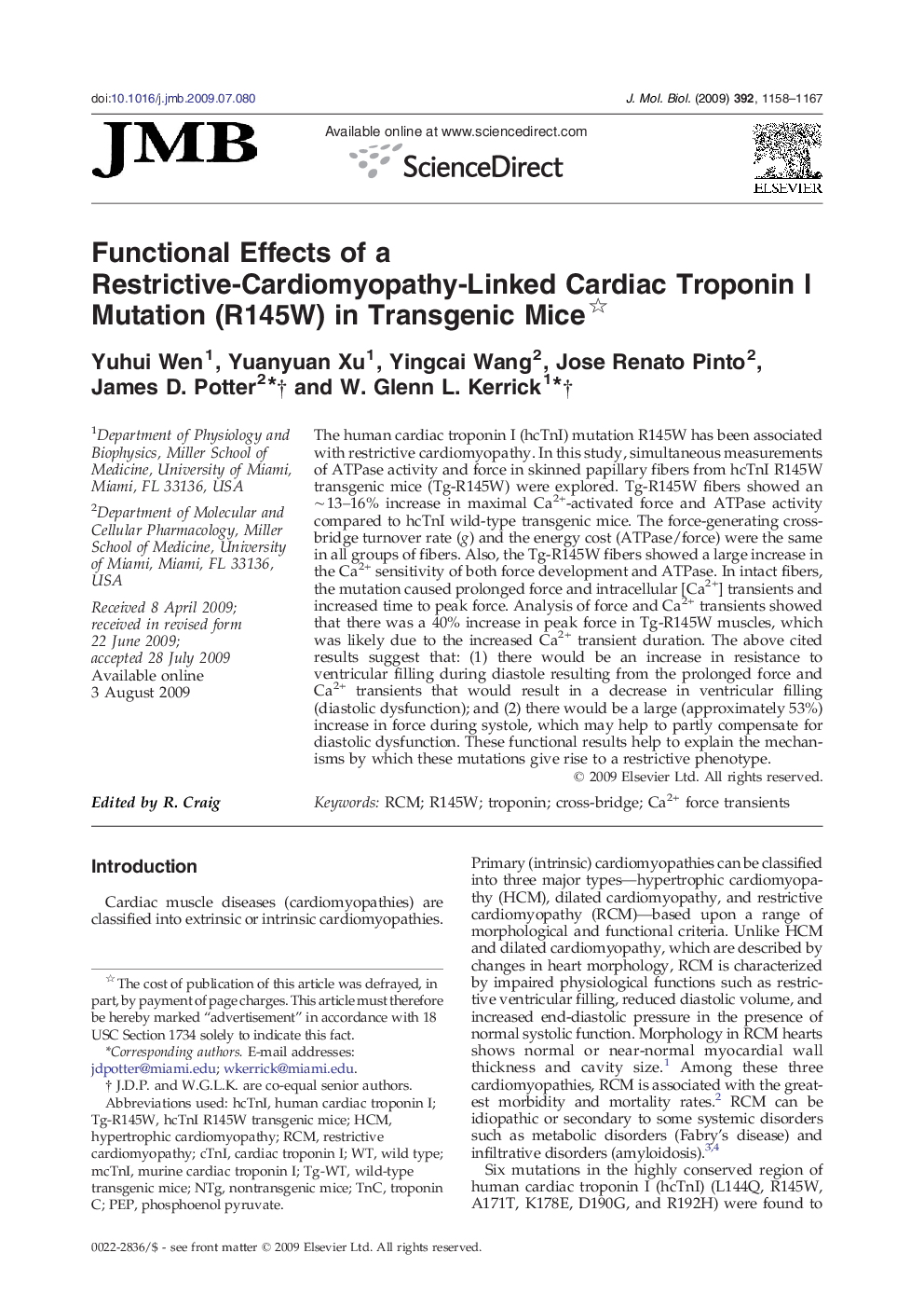 Functional Effects of a Restrictive-Cardiomyopathy-Linked Cardiac Troponin I Mutation (R145W) in Transgenic Mice