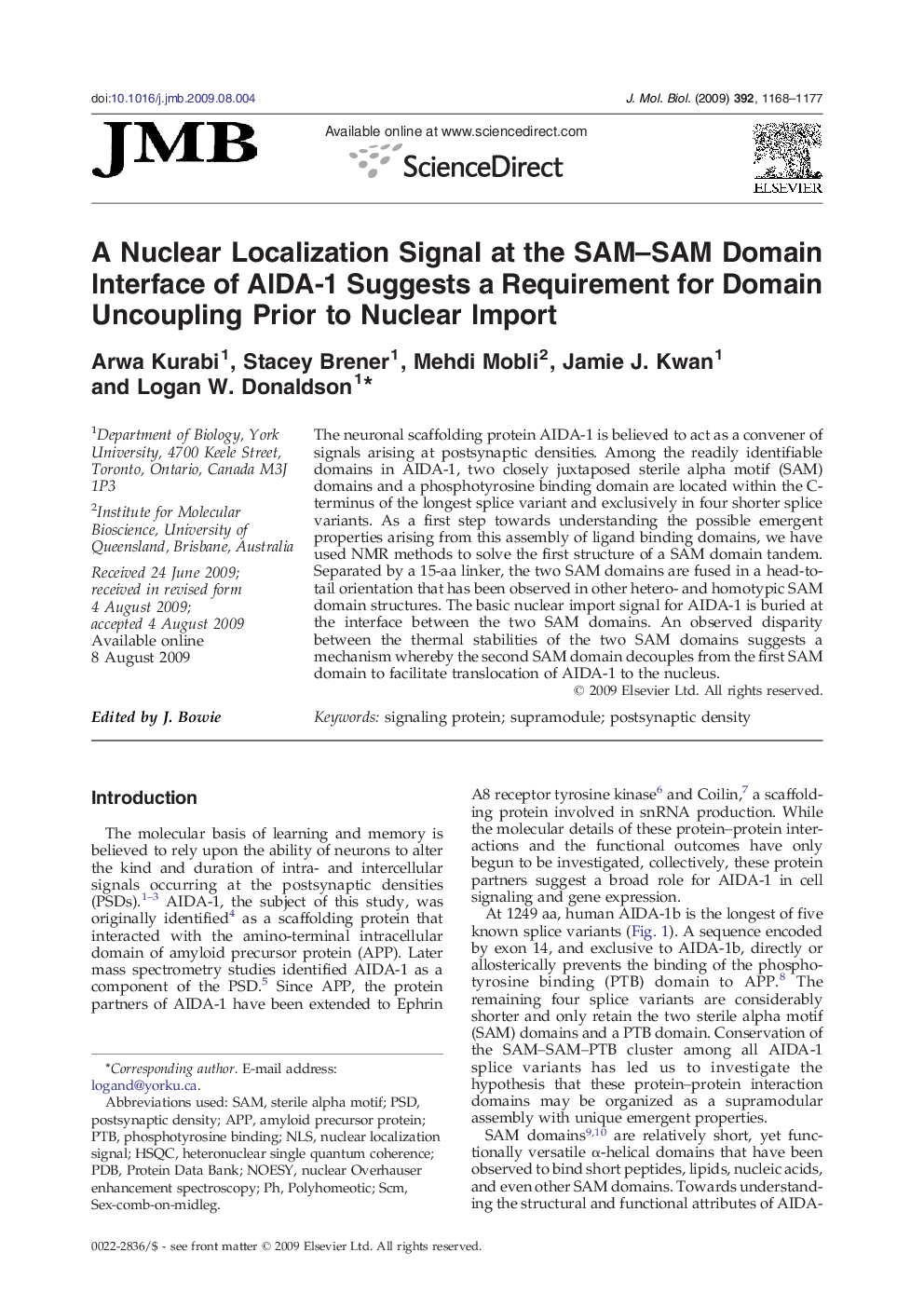 A Nuclear Localization Signal at the SAM–SAM Domain Interface of AIDA-1 Suggests a Requirement for Domain Uncoupling Prior to Nuclear Import