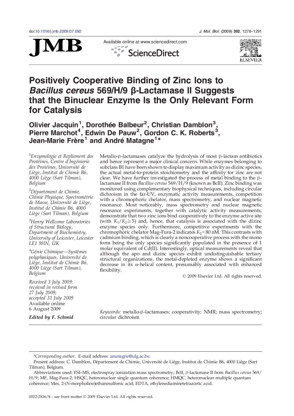 Positively Cooperative Binding of Zinc Ions to Bacillus cereus 569/H/9 β-Lactamase II Suggests that the Binuclear Enzyme Is the Only Relevant Form for Catalysis