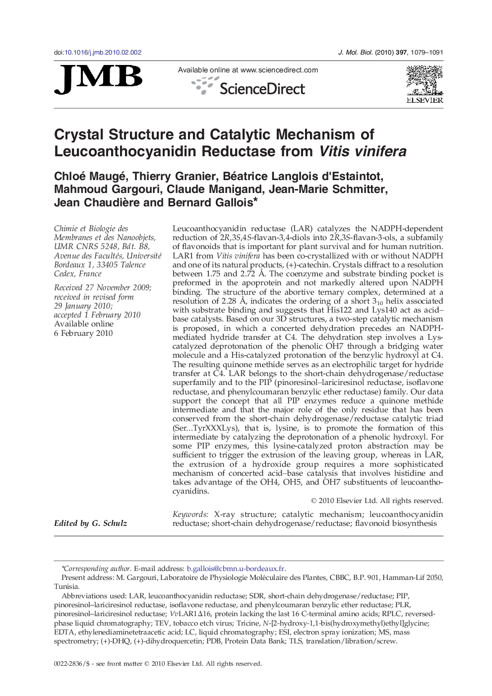 Crystal Structure and Catalytic Mechanism of Leucoanthocyanidin Reductase from Vitis vinifera