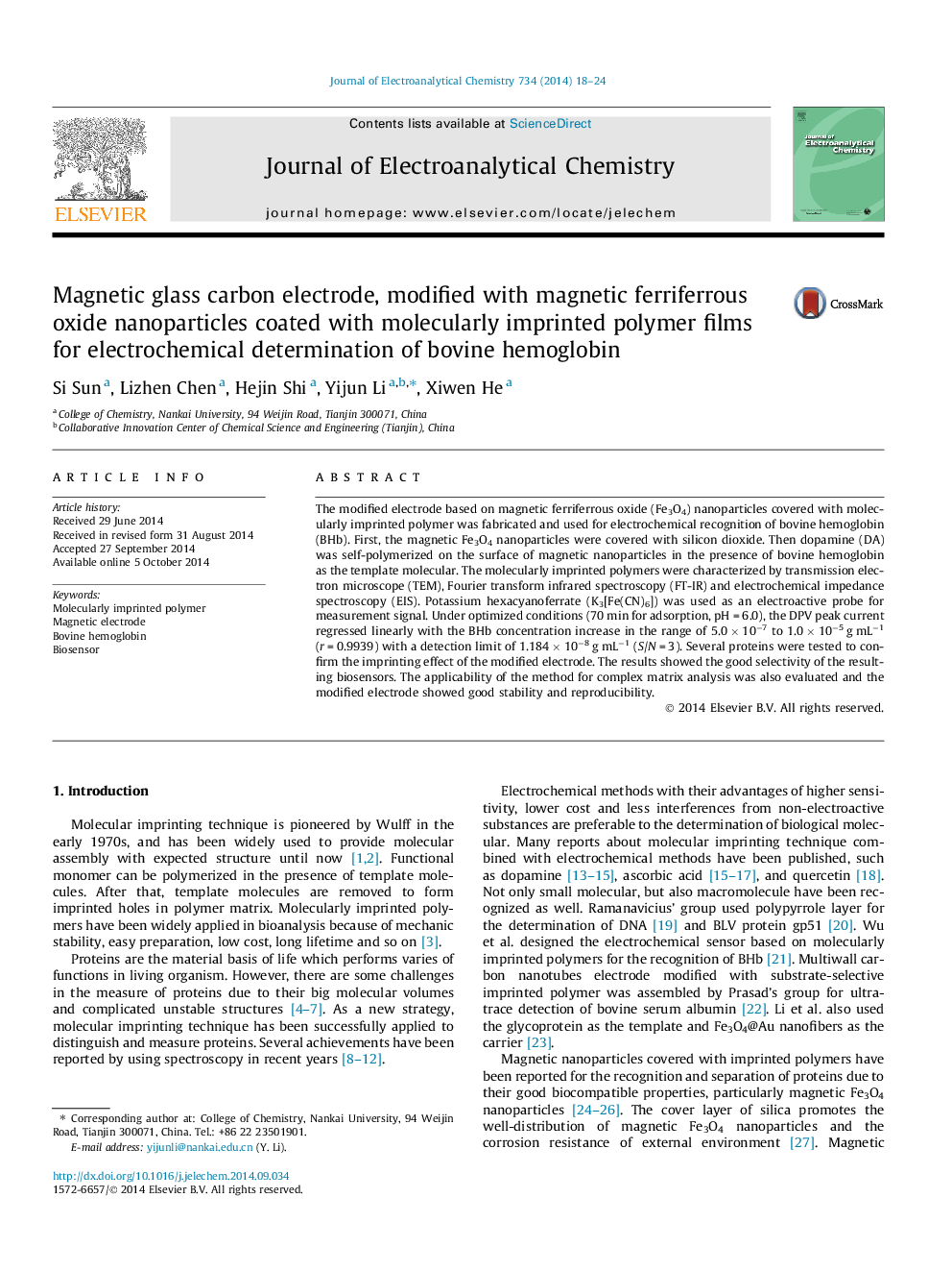 Magnetic glass carbon electrode, modified with magnetic ferriferrous oxide nanoparticles coated with molecularly imprinted polymer films for electrochemical determination of bovine hemoglobin