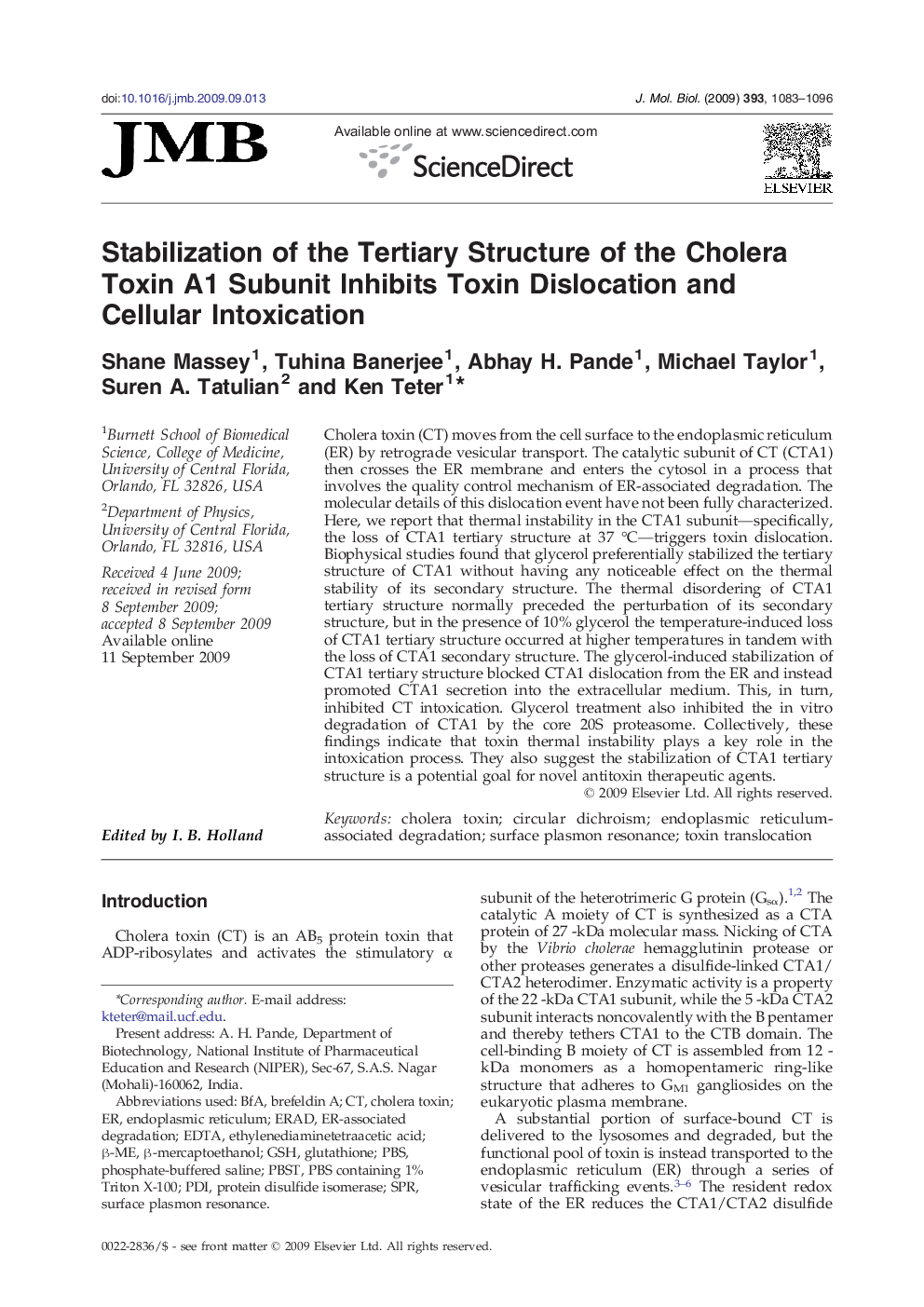 Stabilization of the Tertiary Structure of the Cholera Toxin A1 Subunit Inhibits Toxin Dislocation and Cellular Intoxication