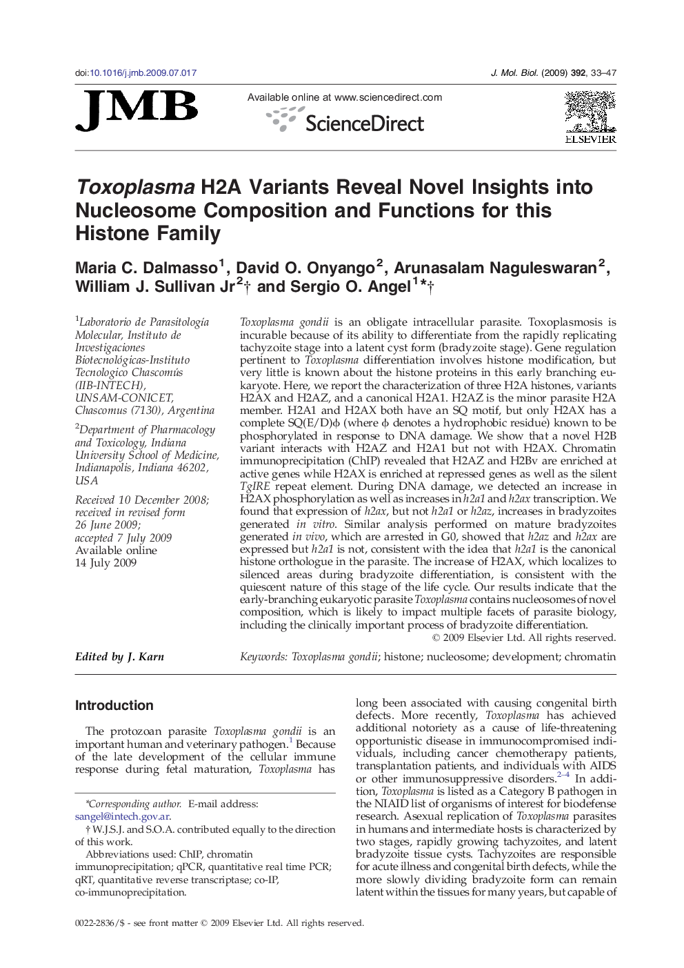 Toxoplasma H2A Variants Reveal Novel Insights into Nucleosome Composition and Functions for this Histone Family