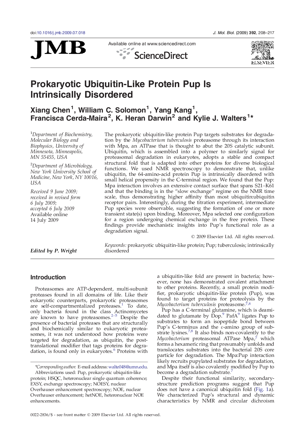 Prokaryotic Ubiquitin-Like Protein Pup Is Intrinsically Disordered