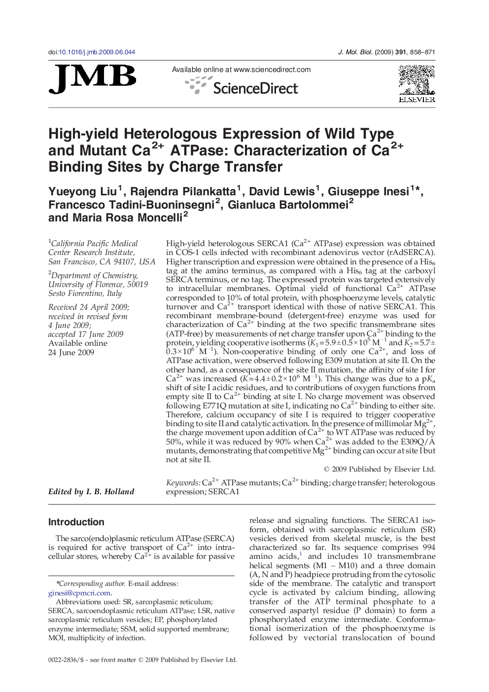 High-yield Heterologous Expression of Wild Type and Mutant Ca2+ ATPase: Characterization of Ca2+ Binding Sites by Charge Transfer