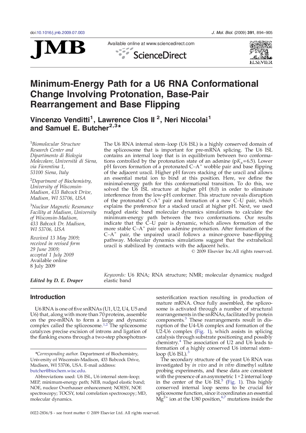 Minimum-Energy Path for a U6 RNA Conformational Change Involving Protonation, Base-Pair Rearrangement and Base Flipping