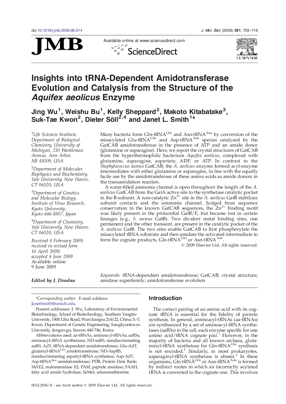 Insights into tRNA-Dependent Amidotransferase Evolution and Catalysis from the Structure of the Aquifex aeolicus Enzyme