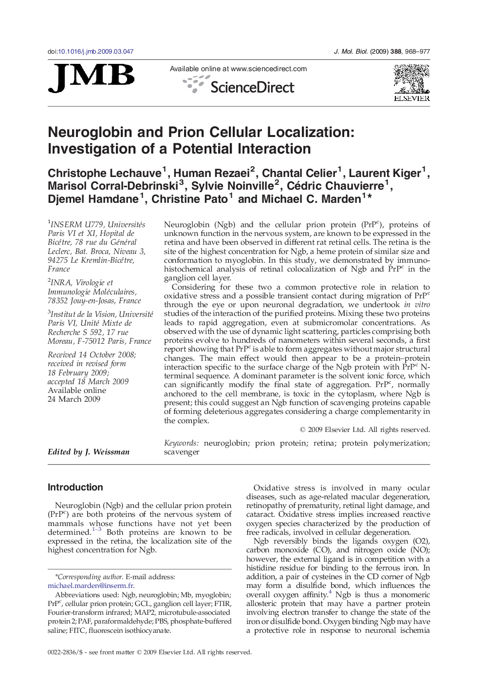 Neuroglobin and Prion Cellular Localization: Investigation of a Potential Interaction