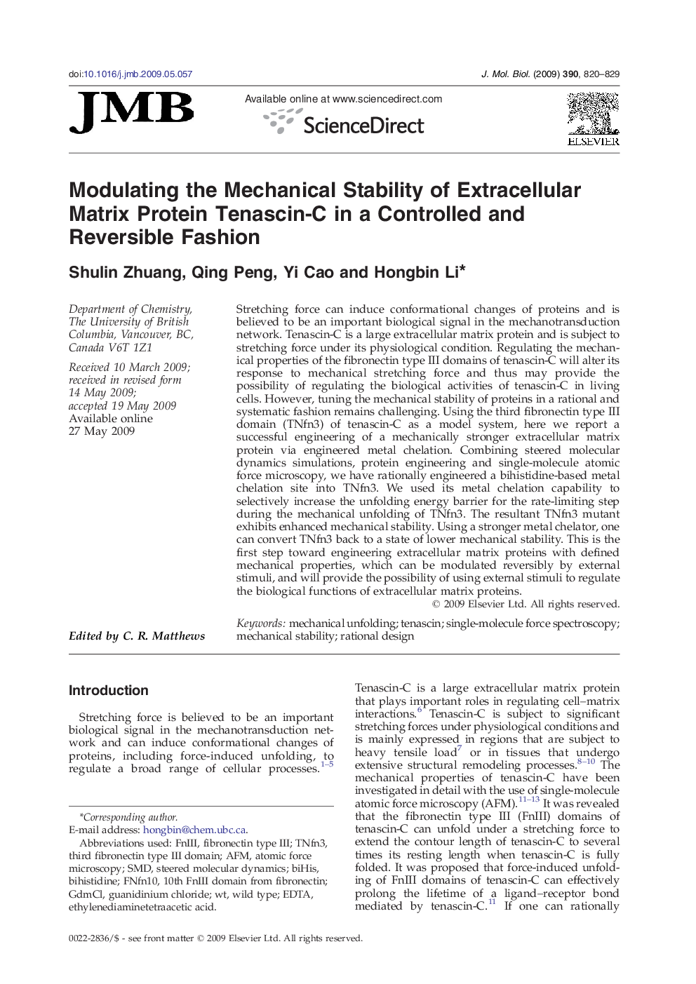 Modulating the Mechanical Stability of Extracellular Matrix Protein Tenascin-C in a Controlled and Reversible Fashion