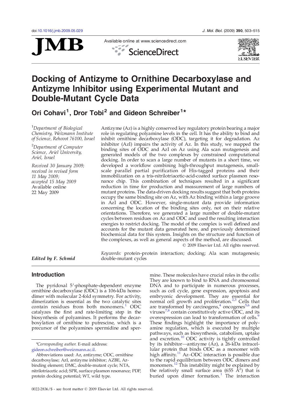 Docking of Antizyme to Ornithine Decarboxylase and Antizyme Inhibitor using Experimental Mutant and Double-Mutant Cycle Data