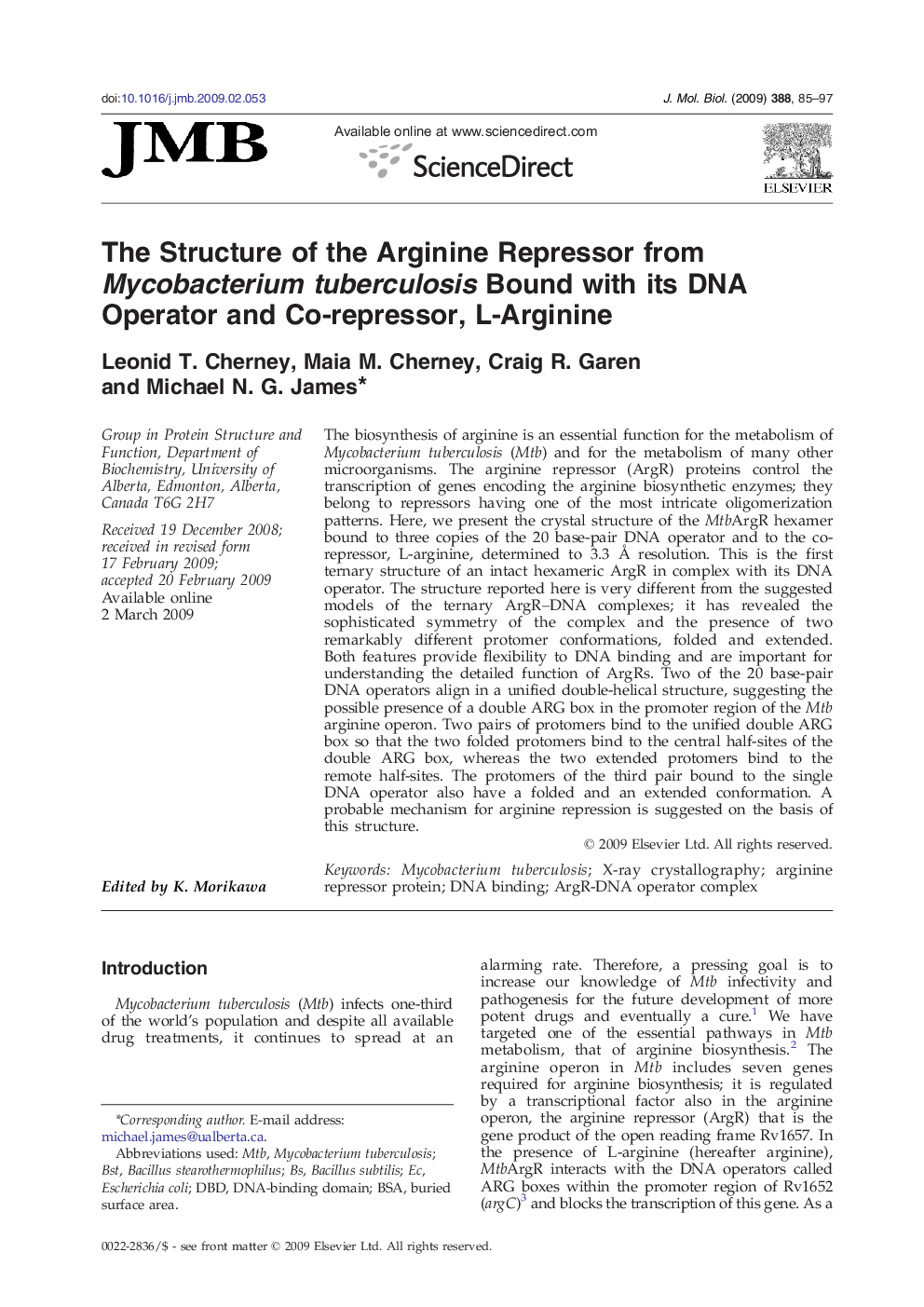 The Structure of the Arginine Repressor from Mycobacterium tuberculosis Bound with its DNA Operator and Co-repressor, L-Arginine