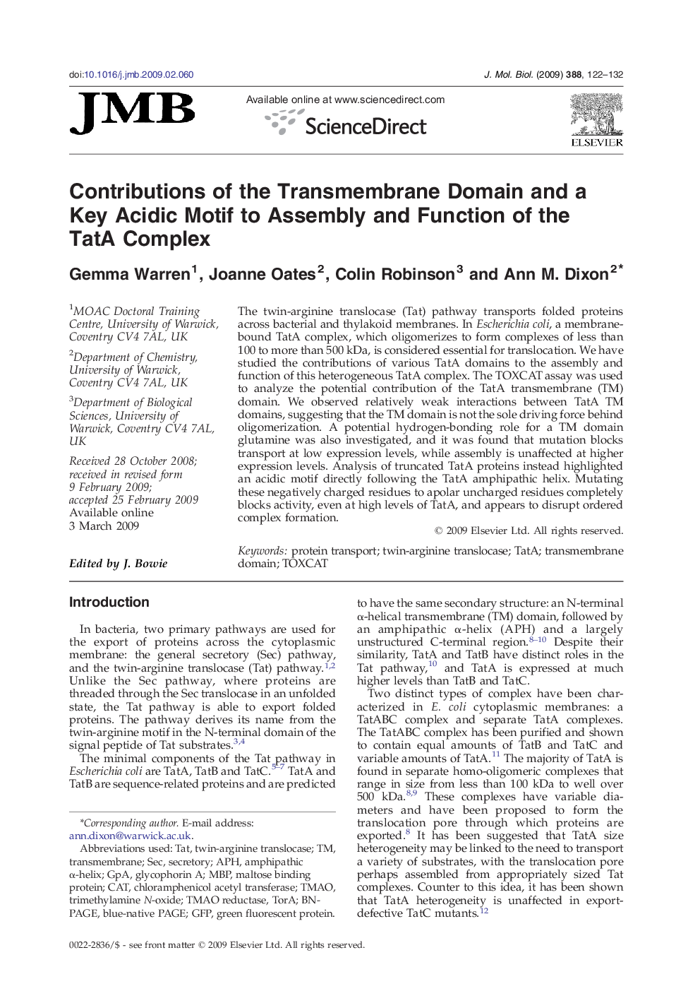 Contributions of the Transmembrane Domain and a Key Acidic Motif to Assembly and Function of the TatA Complex