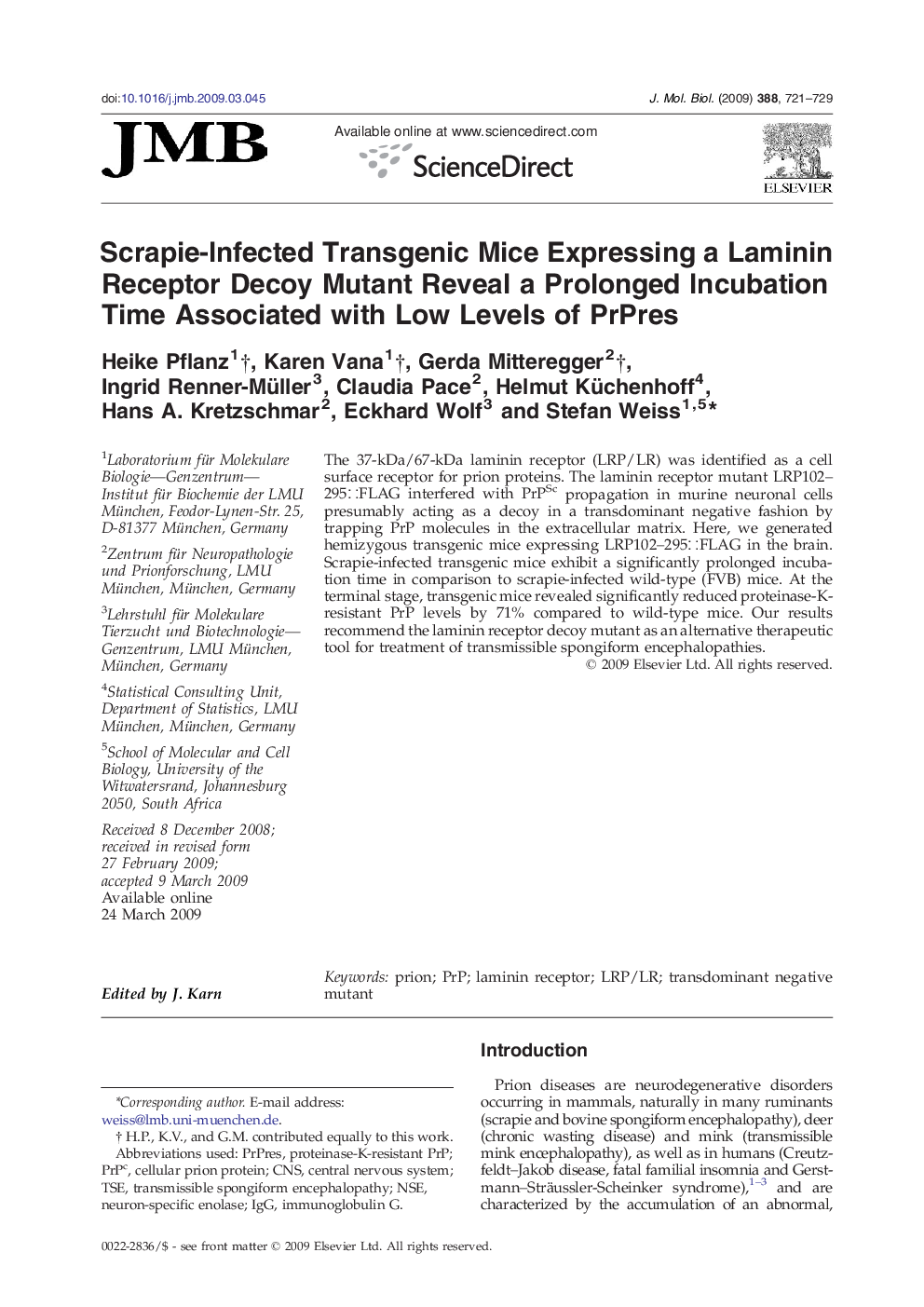 Scrapie-Infected Transgenic Mice Expressing a Laminin Receptor Decoy Mutant Reveal a Prolonged Incubation Time Associated with Low Levels of PrPres